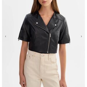 Lamarque KIRSI Cropped Biker Black Short-Sleeve Leather Jacket